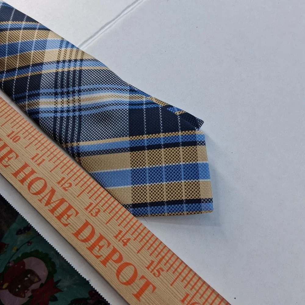 Ben Sherman Necktie Men OS Blue Tan Plaid Classic Woven Textured Polyester Tie